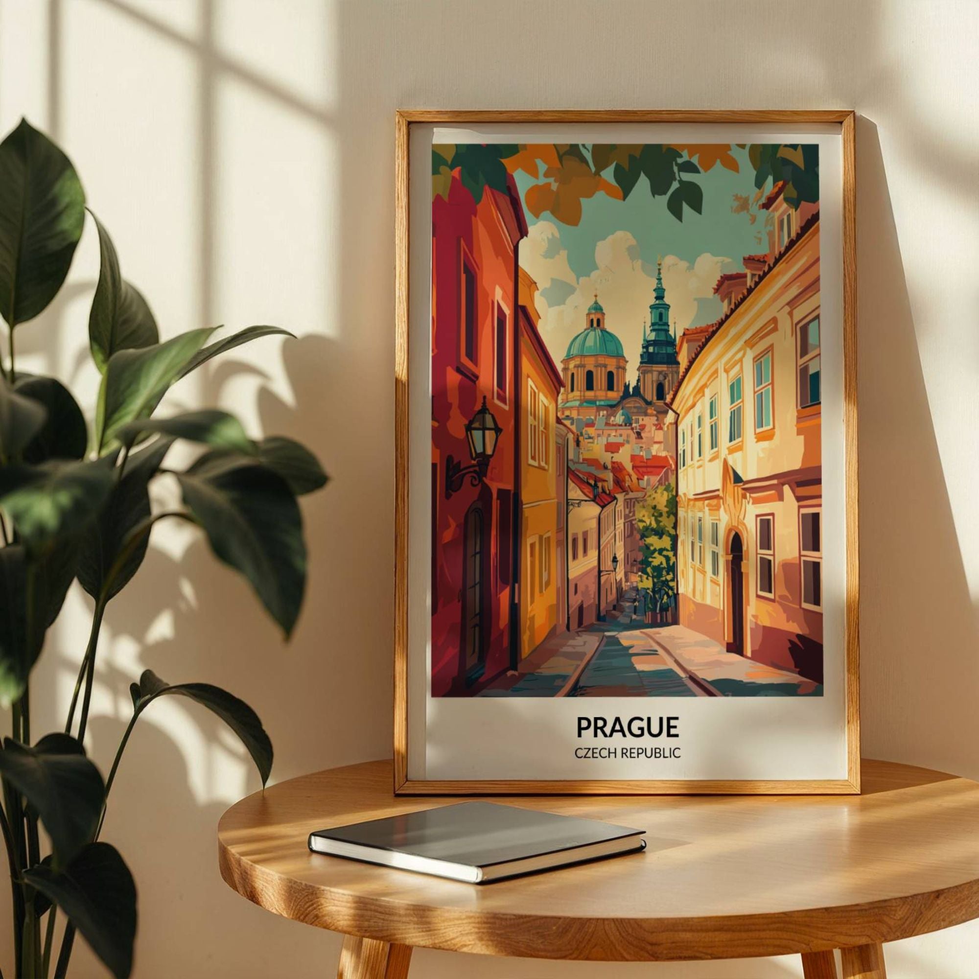 Framed travel poster of Prague, Czech Republic, featuring a colorful illustration of a historic street leading to domed and spired architecture, bathed in warm sunlight.